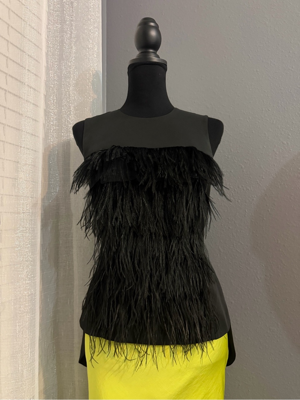 BCBGMAXAZRIA Black Ostrich Feather Peplum Top XS